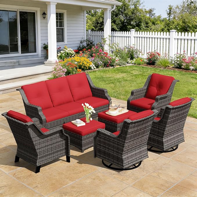 Outdoor Patio Furniture Set, 7 Piece Wicker Patio Furniture with Thick Cushions, Curved Armrest, Deep Seating, Outdoor Swivel Rocker Chairs for Porch, Deck, Balcony