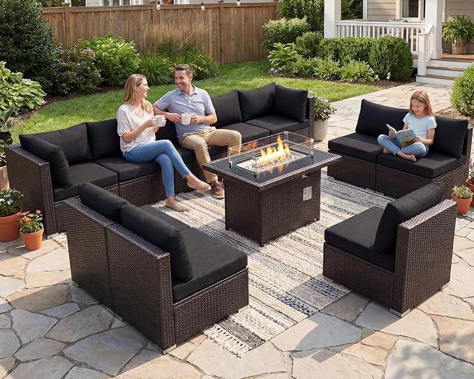 NICESOUL 11 Piece L-Shaped Outdoor Patio Furniture Set with Fire Pit Natural Gas/Propane, 29.3'' High Back Conversation Set, Extra Large Deep Couch Sofa Sectional Sets, Brown Rattan and Black Cushion