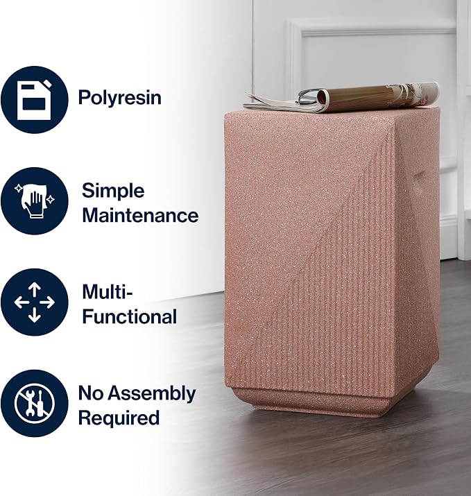 JONATHAN Y Adrian Polyresin Outdoor Side Table and Garden Stool, 21" Weather Resistant Geometric Fluted Accent Table for Patio, Porch, Deck, Pink Terrazzo TBL1104C