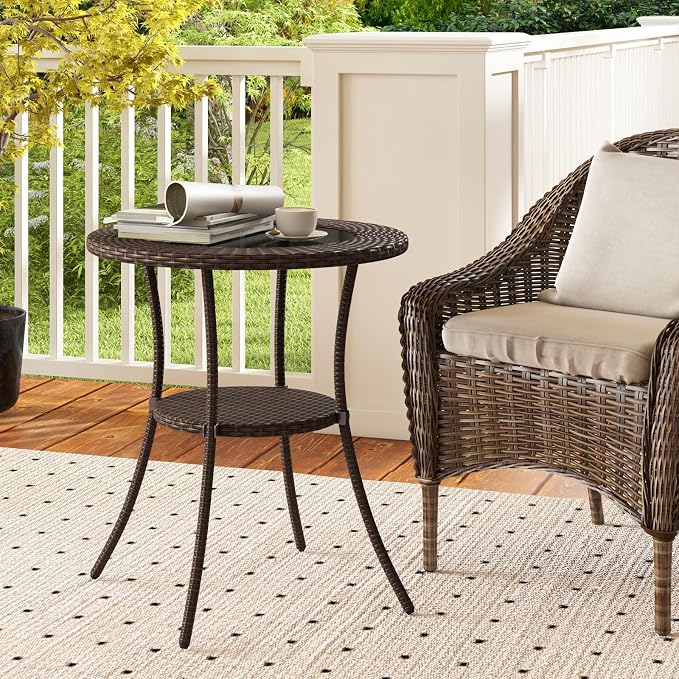 25.5" Round Patio Bistro Table w/Storage Shelf, PE Wicker Coffee Table w/Tempered Glass Top and Metal Legs, Outdoor Side Table for Garden, Balcony, Porch, Backyard