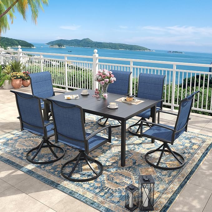 Outdoor Dining Set for 6, 63" Outdoor Dining Table with Umbrella Hole and Padded Textilene Patio Swivel Chairs, 7 Pieces Patio Table and Chairs Set for Garden Backyard, Dark Blue and Black