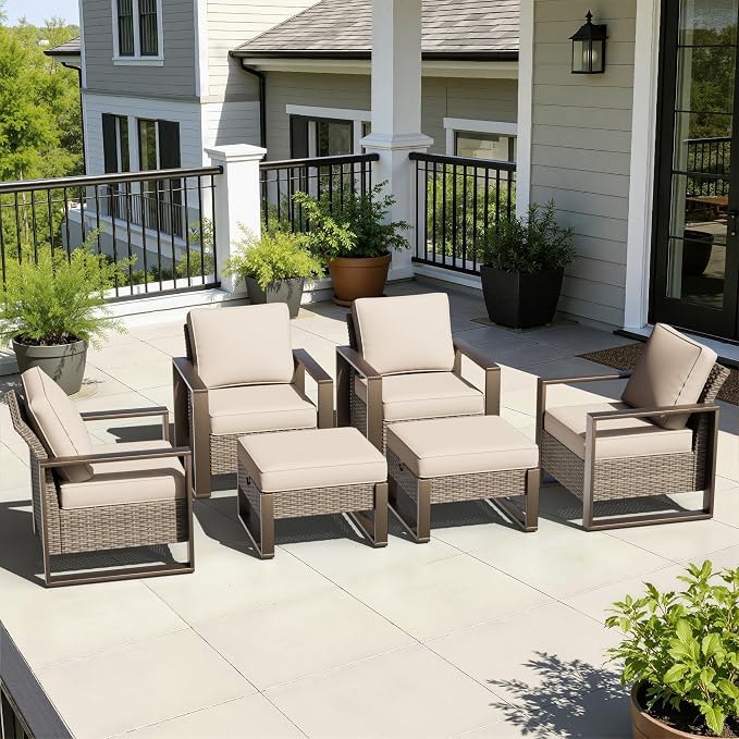 6 Pieces Metal Wicker Patio Furniture Set - Four Armchairs and Two Ottomans, All Weather Rattan Outdoor Conversation Furniture with Washable Cushion for Deck Porch, Beige
