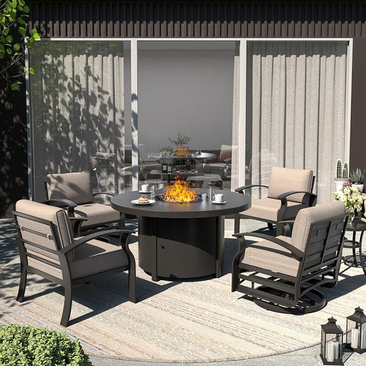 ALAULM Aluminum Patio Furniture Set with Coffee Table Rectangular, 5-seat Outdoor Sectional Furniture w/2 Swivel Chairs, Patio Conversation Set for Porch, Backyard, Sand