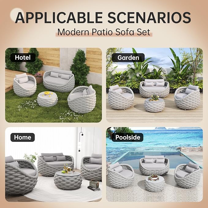 4Pcs Light Grey Wicker Patio Conversation Set, Handwoven Outdoor Indoor Sofa with Loveseat, 2 Single Chairs & Coffee Table, Weather Resistant Furniture for Backyard Garden Deck