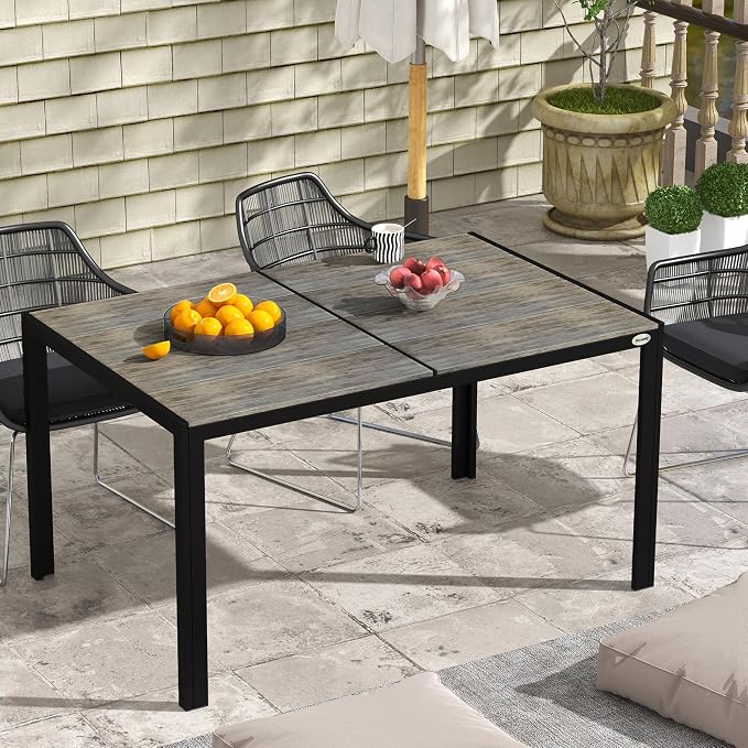 Outsunny Outdoor Dining Table for 6 People, Aluminum Rectangular Patio Table with Faux Wood Tabletop for Backyard, Lawn, Balcony, Poolside, 55" x 35.5", Gray