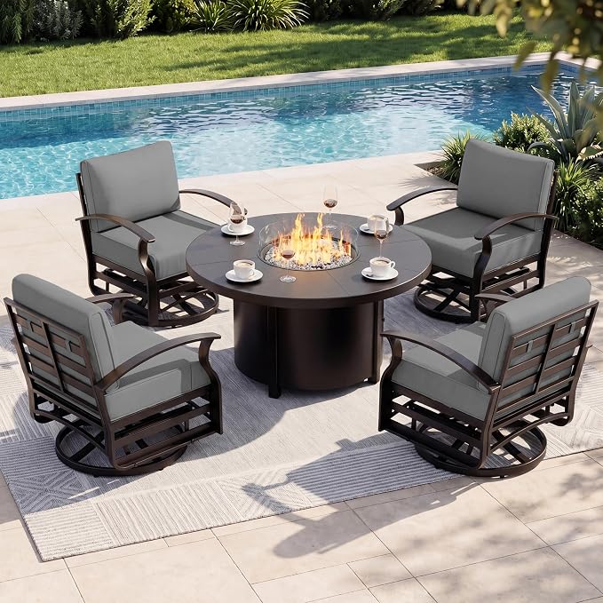 Aluminum Outdoor Patio Furniture Set,5 Pieces 4 Seats Patio Conversation Sets with 48" Round Propane Fire Pit Table,Metal Furniture Set with Thick Cushion,Grey