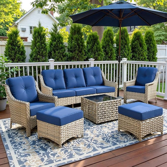 6 Piece Patio Furniture Set with Solar Lights Coffee Table, Outdoor Wicker High Back Sofa Chairs Ottomans with Cushions, All Weather Conversation Set for Backyard Porch Deck, Navy Blue