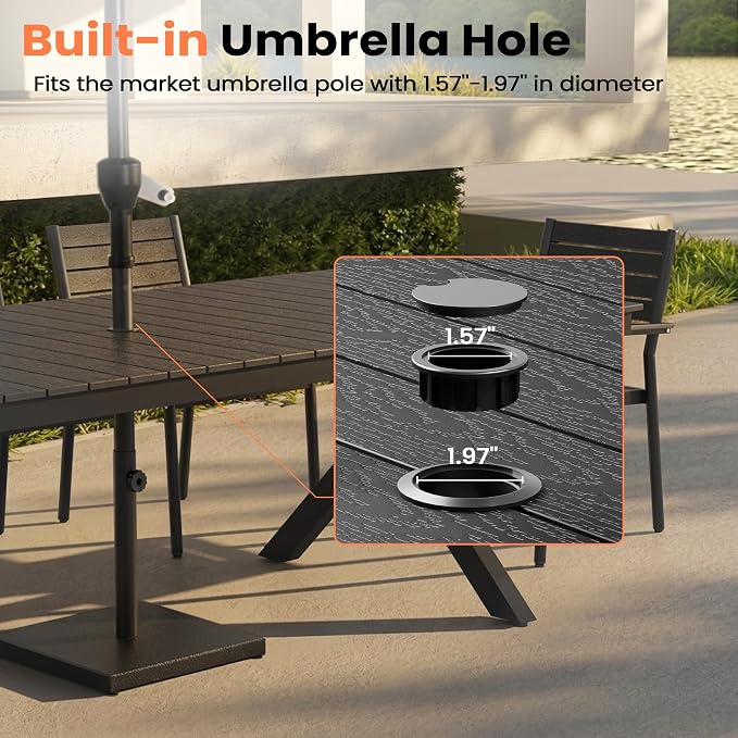 Pellebant 94" Outdoor Dining Table with LED Lights, 8-10 Person Aluminum Patio Table with Umbrella Hole, Sturdy Frame & 8ft Wood Grain Tabletop for Deck, Porch, Backyard