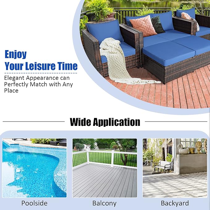 DORTALA 5-Piece Outdoor Patio Conversation Set, Loveseat and 2 Ottoman, Outdoor Sectional Rattan Sofa Set, Multifunctional Rattan Furniture Set Suitable for Home Backyard Garden Poolside Balcony, Navy