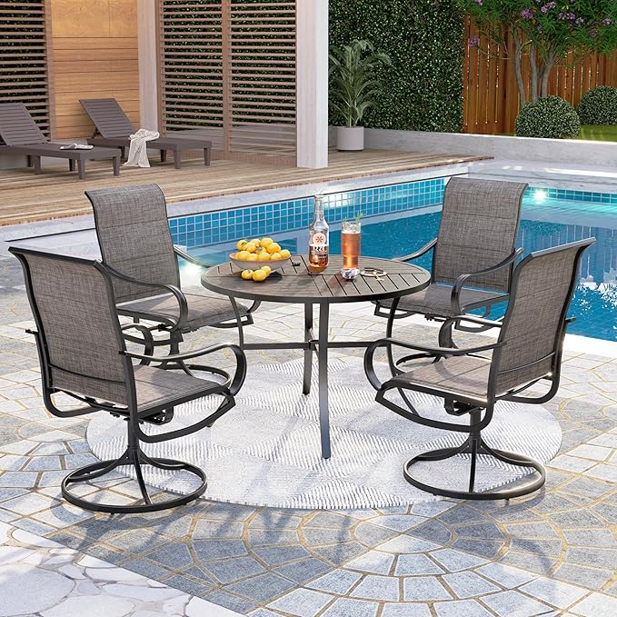 PHI VILLA Outdoor Dining Set for 4 w/Round Table & Padded Swivel Chairs | High back padded chairs，All weather reistant, Metal table, Umbrella hole, 5 piece, Patio deck backyard
