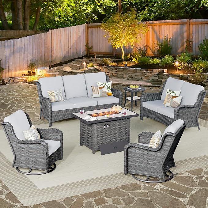 ovios 6 Pieces Patio Furniture Set with 42 inch Fire Pit Table, Outdoor Wicker Sofa Couch Loveseat, Swivel Rocking Glider Chairs, Modern Conversation Set, Grey Rattan, Grey