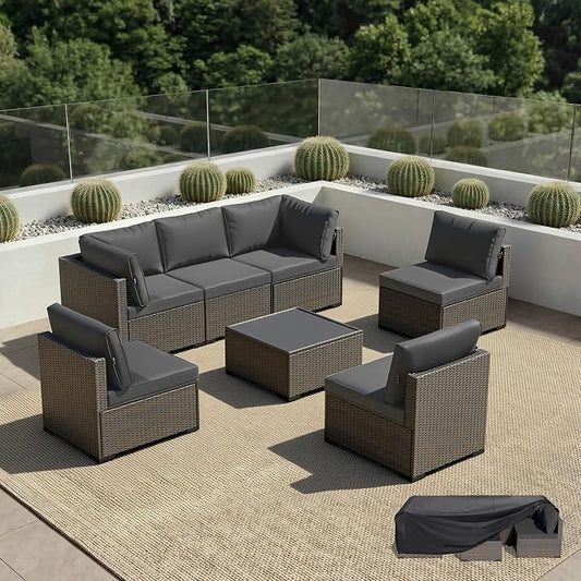 Patio Furniture Set - All-Weather - 7 Piece Patio Outdoor Conversation Set, Modular Wicker Rattan Sectional Sofa for Backyard, Garden, Poolside, Balcony, Porch, Patio, Brown/Dark Gray