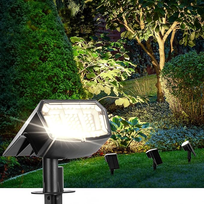 Solar Spot Lights Outdoor Waterproof, Solar Spotlights 1 Pack Neutral White | 63 LED, 3 Lighting Modes, 120° Adjustable Solar Landscape Lights for Yard, Garden, House, Garage, Pathway