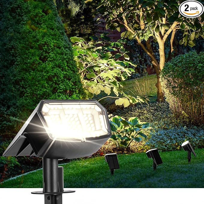 Solar Spot Lights Outdoor Waterproof, Solar Spotlights 2 Pack Neutral White | 63 LED, 3 Lighting Modes, 120° Adjustable Solar Landscape Lights for Yard, Garden, House, Garage, Pathway