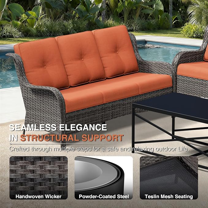 Joyside 6 Piece Wicker Patio Furniture Set, Rattan Patio Chairs with High Back, Deep Seating, Wide Armrest, Thickened Cushions, Outdoor Furniture for Deck, Porch Use