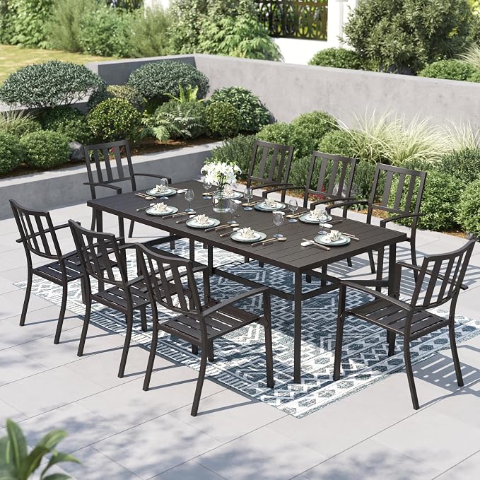 PHI VILLA 9 Pcs Outdoor Dining Set, 83" Rectangular Metal Table, Black | Metal Table with Umbrella Hole & Stackable Black Wrought Iron Chairs,Patio Furniture Set for Patio, Deck, Yard, Porch