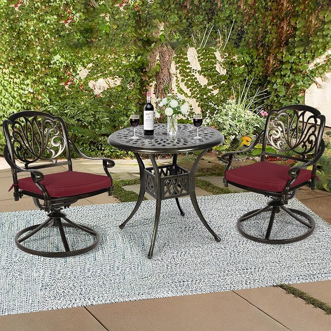 3-Piece Outdoor Patio Dining Set, All-Weather Cast Aluminum Patio Furniture Set for Backyard Garden Deck with 2 Swivel Cushioned Chairs and 31” Round Table, 2" Umbrella Hole, Chili Red