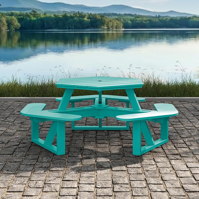 Shoreline Made in USA Hexagon Picnic Table, Seating for 6, Seaglass Blue