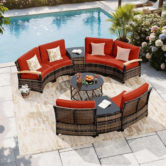 MEISSALIVVE 9-Piece Half-Moon Curved Outdoor Patio Furniture Set, Sectional Conversation Sofa with Wood Armrests, Coffee & Side Tables for Backyard Deck Garden, Red