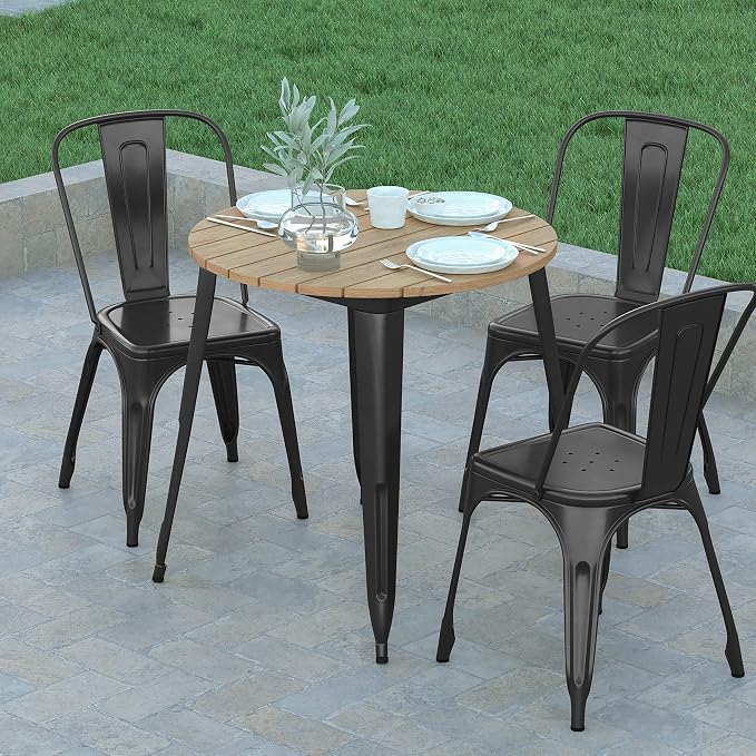 EMMA + OLIVER Drew Dining Table - Brown 30" Round Poly Resin Table Top - Black Steel Base - All-Weather for Indoor/Outdoor Use