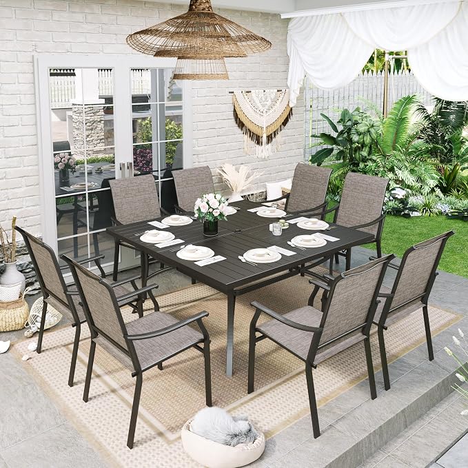 Sophia & William Patio Dining Set for 8, Square Metal Table & Sling Chairs | 9 piece, Weather-resistant, Durable, Breathable & quick-drying, Umbrella hole, Outdoor deck backyard