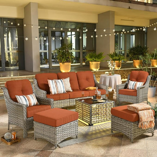 ovios 6 Piece Outdoor Patio Furniture with 3 Seat Sofa,Rattan Wicker Coversation Set with High Back,Sectional Single Sofa with Ottoman for Outside Porch Balcony Backyard Pool, Orange