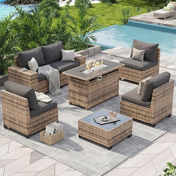 UDPATIO Patio Furniture Set with Fire Pit Table, L-Shaped 8" Armrest Sectional Set, All-Weather PE Rattan Conversation Furniture w ‌Thick Cushions, Coffee Table for Outdoor Backyard Porch Grey