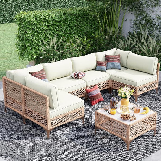 7-Piece Generous Patio Furniture Set, Wicker Outdoor Sectional Set with Large Tempered Glass Coffee Table, Boho Patio Conversation Couch Set with Thickened and Enlarged Cushion and Throw Cushion