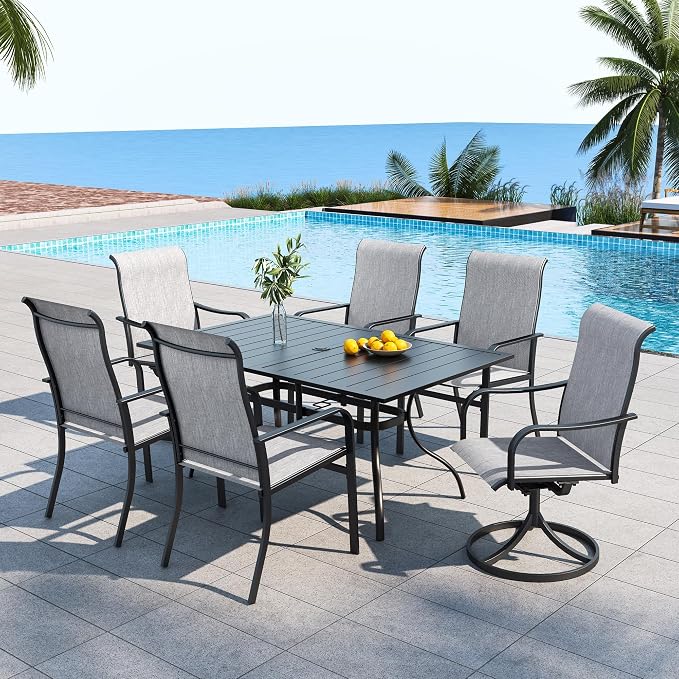 Outdoor 63" Rectangle Table and Gray HighBack Swivel,Dining Chairs Set of 7 | Metal Rectangle Table, 4 High Back Dining Chairs, 2 High Back Swivel Chairs, All Weather, For Tall People, For 6 Person