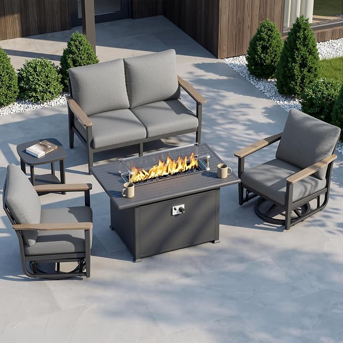 Aluminum Outdoor Patio Furniture Set with Swivel Rocking Chairs 9-Seat, Patio Sectional Sofa Patio Conversation Set with 55,000 BTU Fire Pit Table High Backrest & Thickened Cushions, Grey