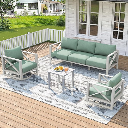 Oversized Aluminum Patio Furniture Set, 7-Piece Outdoor Conversation Set with Swivel Rocking Chairs & Coffee Table, Modern Weather-Resistant Seating for Deck,Yard,Balcony,Poolside-White