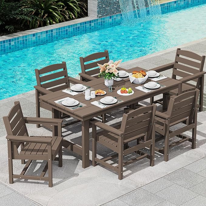 SERWALL 7 Pcs Outdoor Dining Set, 1 Umbrella Hole Table & 6 Chairs, Coffee | HDPE Outdoor Dining Furniture with Rectangular Table & 6 Chairs, All-Weather Resistant SERWALL Dining Set for 6