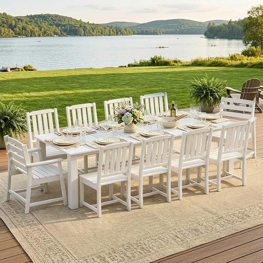 LOUNZY 11 Piece Patio Dining Set for 10, Outdoor Table and Chairs, White | 89.4“ table,Heavy-duty 10 seat patio set, mixed chair waterproof HDPE and ALU low maintenance and stable for all-season use