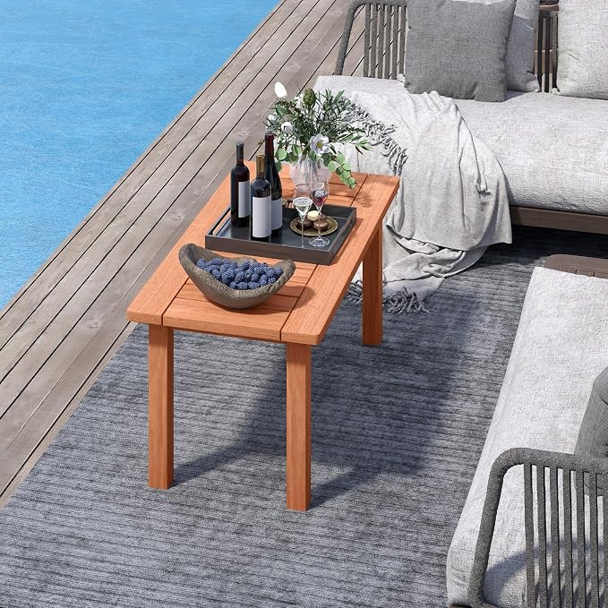 HAPPYGRILL Outdoor Wooden Coffee Table Patio Solid Wood Center Table with Slatted Tabletop, Rectangular Outside Table for Deck, Poolside, Backyard, Garden