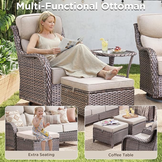 Luxury 8 Pieces Outdoor Patio Furniture Set-All Weather Wicker Swivel Rocker Patio Chairs with 6" Thick Cushion Rattan Sofa Coffee Table, Outdoor Conversation for Garden Porch Backyard(Brown/Beige)