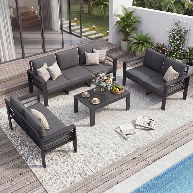 7-Seat Aluminum Patio Furniture Set, 4-Piece Oversized Metal Outdoor Conversation Set with 4" Thick Washable Cushions, Sectional Sofa with Coffee Table for Backyard, Garden, Poolside