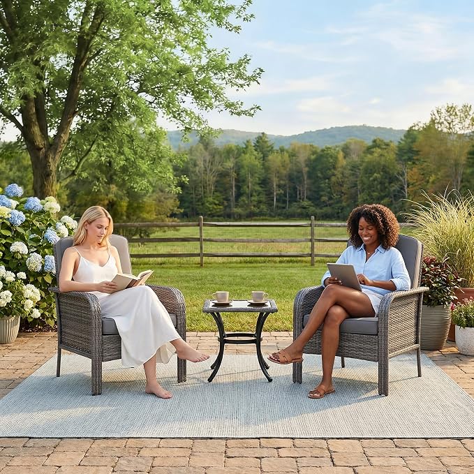 GarveeHome 2-Piece Outdoor Patio Furniture Set, All-Weather Rattan Chairs with Thick Cushions, High Back Wicker Lounge Chairs for Porch, Deck, Garden, Poolside & Backyard (Grey Rattan, Grey Cushion)