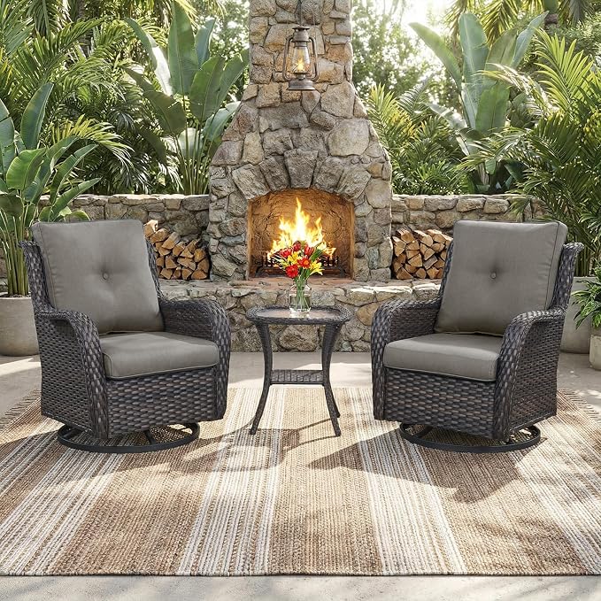 Outdoor Swivel Rocker Patio Chairs with Side Table 3 Pieces PE Wicker Patio Furniture Set for Porch Deck Balcony Garden-Brown/Grey