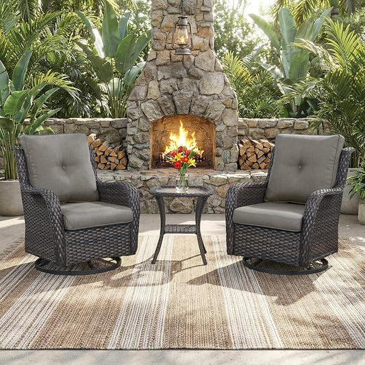 Outdoor Swivel Rocker Patio Chairs with Side Table 3 Pieces PE Wicker Patio Furniture Set for Porch Deck Balcony Garden-Brown/Grey
