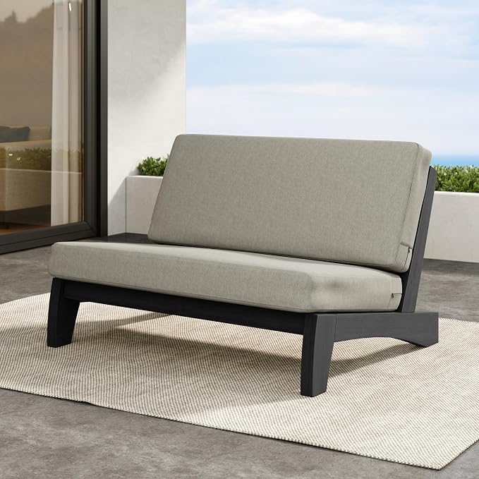 Outdoor Furniture Patio Couch, Weather Resistant Patio Loveseat Sofa Couch with Removable Cushion, Black Wood Frame for Porch & Backyard Seating - Light Camel