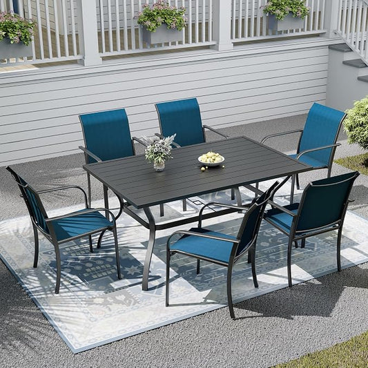Patio Dining Set,Including 60"x 38" Steel Slat Dining Table and 6 Stackable Patio Chairs,Outdoor Furniture Set with 1.6" Umbrella Hole for All Weather