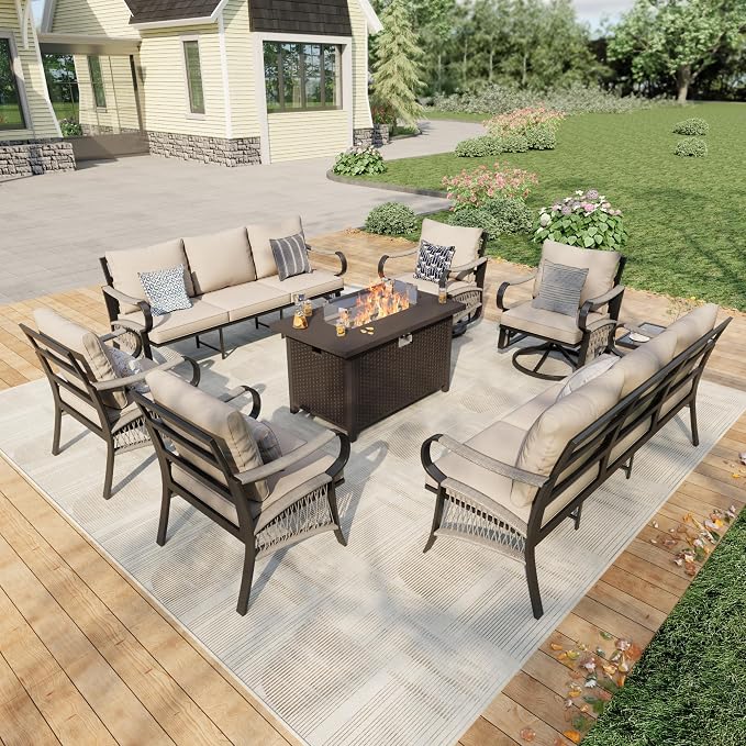8 Pieces Patio Furniture Set, Metal Outdoor Conversation Sets with Fire Pit Table and Swivel Chairs for Backyard Garden Deck Porch Poolside (Thick Beige Cushions)