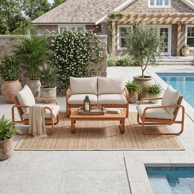 4-Piece Acacia Wood Outdoor Patio Furniture Set, All Weather Conversation Set with Loveseat, 2 Chairs, Coffee Table, Woven Rope Accents and Cushions for Backyard Pool