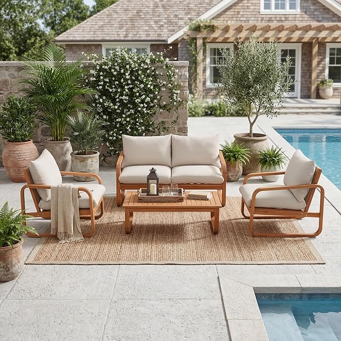 VilroCaz Acacia Wood 4-Piece Patio Conversation Set, All Weather Sectional Sofa Set w/ 2 Chairs, Loveseat & Table, Outdoor Furniture Set with Woven Rope Accents and Cushions for Backyard Pool