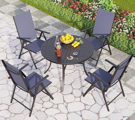 PHI VILLA Round Outdoor Dining Set for 4 with Folding Chairs, Blue | Light-weight & space-saving, Breathable & quick-drying, Metal Table, Umbrella Hole, Weather-Resistant, Adjustable, Patio deck