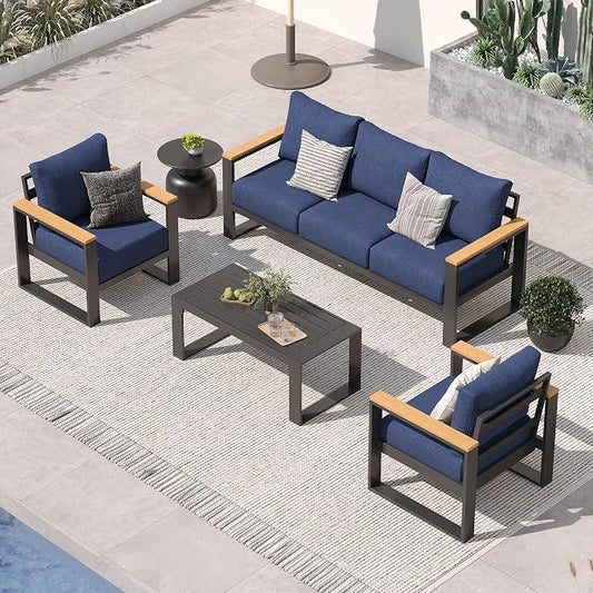 Sundale Outdoor Aluminum Patio Furniture Set, 4 Piece Outdoor Conversation Sets with Coffee Table and Washable Thick Cushions, All Weather Outdoor Sectional Set for Deck, Lawn, Yard (Navy Blue)