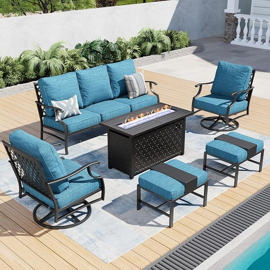 SUNSHINE VALLEY 6 Piece Metal Outdoor Patio Furniture Set with Firepit Table, Patio Conversation Set 3-seater Sofa, 2 Swivel Chair, 2 Ottoman with 5.75" Thick Cushion, Black Backyard Furniture, Blue-2