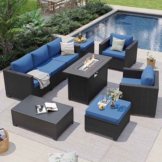 Aoxun Patio Furniture Set with Fire Pit Table, 7 Seats Piece Outdoor Furniture Set with Wicker Ottomans, Rattan Outdoor Sectional Sofa with Storage Table & Waterproof Cover Navy Blue