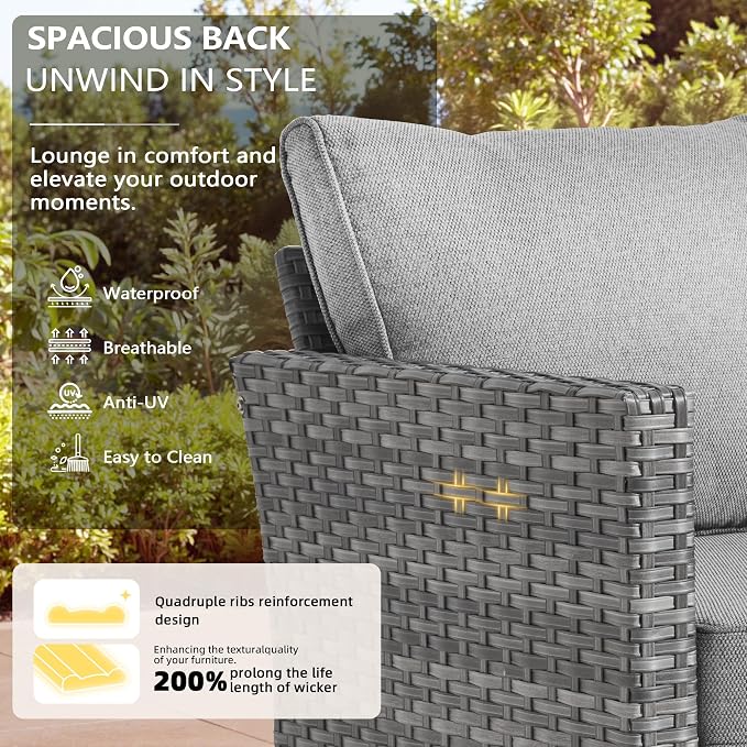 CAODOC 8-Piece Outdoor Wicker Patio Set with 9 Seats, Including 53" Fire Pit - Sectional Sofa and Conversation Set for Backyard or Lawn, Gray Rattan with Waterproof Dark Gray Cushions