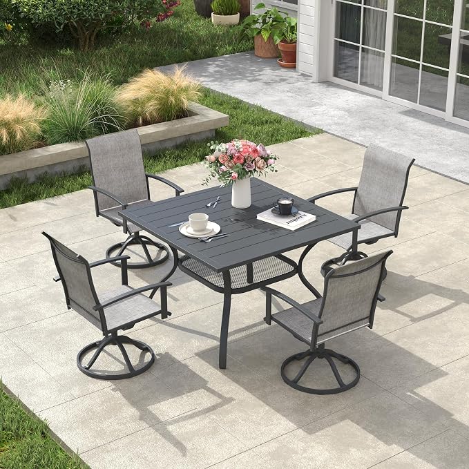 VICLLAX Square Outdoor Table and Chairs Set, 5 Pieces Patio Dining Set of 37.8" Metal Square Patio Table with Umbrella Hole & 4 Swivel Outdoor Dining Chairs for Backyard Lawn, Grey & Dark Grey